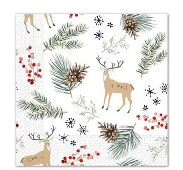 40 Kerstmis Kerst Servetten - Hert - Dennenappel - Besje - Dennentak - Ster - Wit - Bruin - Beige - Rood - Groen - Zwart - 33 x