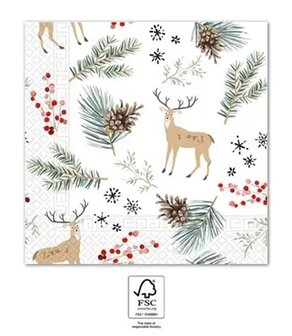 40 Kerstmis Kerst Servetten - Hert - Dennenappel - Besje - Dennentak - Ster - Wit - Bruin - Beige - Rood - Groen - Zwart - 33 x