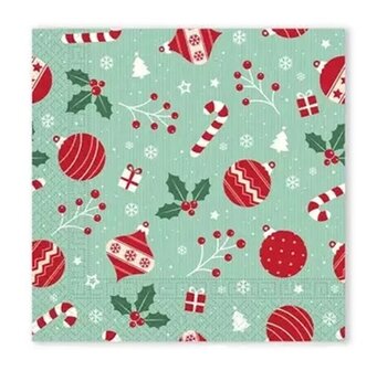 40 Kerstmis Kerst Servetten - Kerstbal - Candy Cane - Zuurstok - Hulst - Sneeuwvlok - Cadeautje - Kerstboom - Besje - Licht Gro