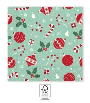 40 Kerstmis Kerst Servetten - Kerstbal - Candy Cane - Zuurstok - Hulst - Sneeuwvlok - Cadeautje - Kerstboom - Besje - Licht Gro