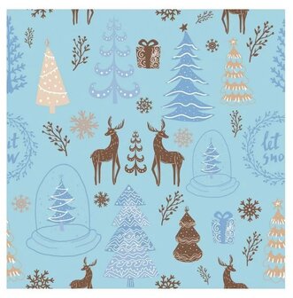 40 Kerstmis Kerst Servetten - Hert - Kerstboom - Cadeautje - Turquoise - Blauw - Bruin - Wit - 33 x 33 cm - 3-Laags - Hello Win