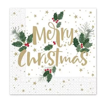 40 Kerstmis Kerst Servetten - Merry Christmas - Hulst - Ster - Holly Merry - Wit - Goud - Rood - Groen - 33 x 33 cm - 3-Laags -