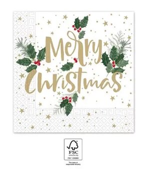 40 Kerstmis Kerst Servetten - Merry Christmas - Hulst - Ster - Holly Merry - Wit - Goud - Rood - Groen - 33 x 33 cm - 3-Laags -
