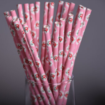 Papier rietjes - Roze met rode roos - 25 stuks