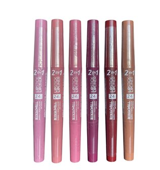Leticia Well - 2 in 1 Lipstick en Lipliner - Set met 6 kleuren - Nummer 71 purper/donker roze tint, 72 roze/oranje/bruine tint,