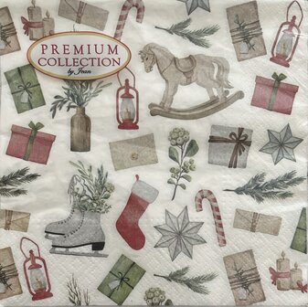 Premium Collection by Jean Kerst Servetten Antieke ornamenten Hobbelpaard Lantaarn Schaatsen Kerstgroen wit rood groen grijs