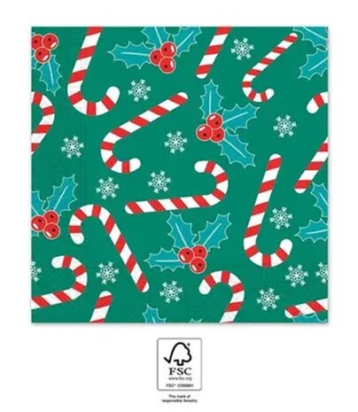 40 Kerstmis Kerst Servetten - Candy Cane - Zuurstok - Hulst - Sneeuwvlok - Besje - Groen - Wit - Rood - 33 x 33 cm - 3-Laags - 