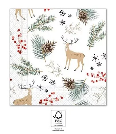 40 Kerstmis Kerst Servetten - Hert - Dennenappel - Besje - Dennentak - Ster - Wit - Bruin - Beige - Rood - Groen - Zwart - 33 x