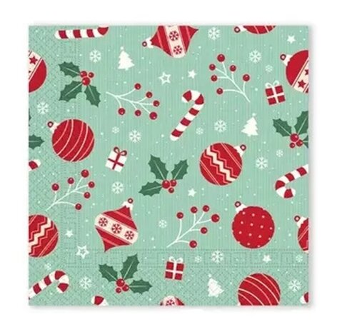 40 Kerstmis Kerst Servetten - Kerstbal - Candy Cane - Zuurstok - Hulst - Sneeuwvlok - Cadeautje - Kerstboom - Besje - Licht Gro