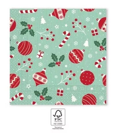 40 Kerstmis Kerst Servetten - Kerstbal - Candy Cane - Zuurstok - Hulst - Sneeuwvlok - Cadeautje - Kerstboom - Besje - Licht Gro