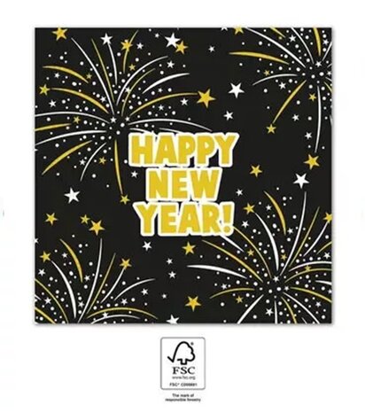 Decorata Happy New Year Zwart Happy New Year Flares Servetten 33x33 cm FSC