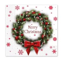 40 Kerstmis Kerst Servetten - Kerstkrans - Kerstballen - Strik - Ster - Sneeuwvlok - Merry Christmas - Wit - Rood - Groen - 33 x 33 cm - 3-Laags - Decorata