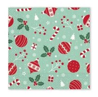 40 Kerstmis Kerst Servetten - Kerstbal - Candy Cane - Zuurstok - Hulst - Sneeuwvlok - Cadeautje - Kerstboom - Besje - Licht Groen - Wit - Rood - Groen - 33 x 33 cm - 3-Laags - Decorata