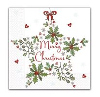 40 Kerstmis Kerst Servetten - Kerstster - Hartje - Mistletoe - Maretak - Dennenappel - Kerstballen - Strik - Sneeuwvlok - Merry Christmas - Wit - Rood - Groen - Bruin - Blauw - 33 x 33 cm - 3-Laags - Decorata