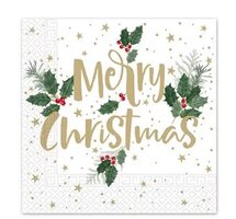 40 Kerstmis Kerst Servetten - Merry Christmas - Hulst - Ster - Holly Merry - Wit - Goud - Rood - Groen - 33 x 33 cm - 3-Laags - Decorata