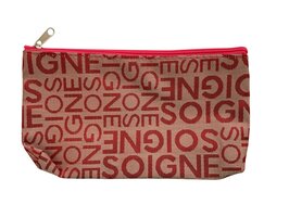 Klein Make-up tasje / toilettasje / organizer / etui - Beige Bordeaux Roze iriserend - mat met glanzende woorden SOIGNE - met rits - waterafstotend - afmeting 18,5 x 10,5 x 2 cm