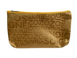 Klein Make-up tasje / toilettasje / organizer / etui - goud geel - mat met glanzende woorden SOIGNE - met rits - waterafstotend - afmeting 18,5 x 10,5 x 2 cm