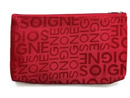Klein make-up tasje / toilettasje / organizer / etui - rood - mat met glanzende woorden SOIGNE - met rits - waterafstotend - afmeting 18,5 x 10,5 x 2 centimeter