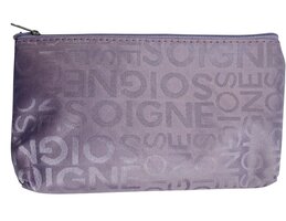 Klein Make-up tasje / toilettasje / organizer / etui - lila - mat met glanzende woorden SOIGNE - met rits - waterafstotend - afmeting 18,5 x 10,5 x 2 centimeter
