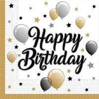 40 Servetten Happy Birthday met ballonnen en sterren - Wit - Zwart - Zilver - Goud - 33 x 33 cm - 2-Laags - Decorata Party
