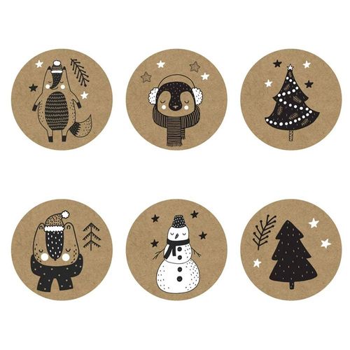 36 Kerst stickers - Kerstboom Diertjes Sneeuwpop Sterren - Mat